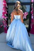Load image into Gallery viewer, Sparkly Blue Satin Ball Gown Ruched Maxi Prom Dress with Rhinestones