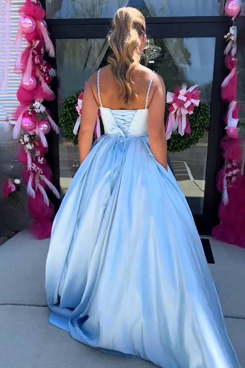 Load image into Gallery viewer, Sparkly Blue Satin Ball Gown Ruched Maxi Prom Dress with Rhinestones