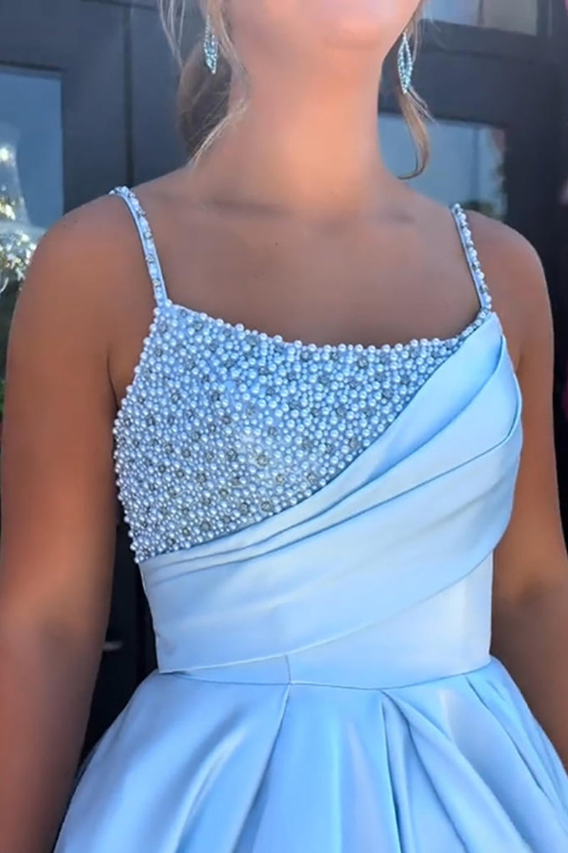 Load image into Gallery viewer, Sparkly Blue Satin Ball Gown Ruched Maxi Prom Dress with Rhinestones