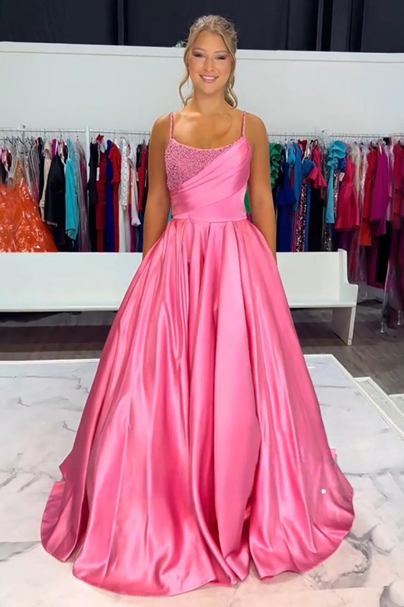 Load image into Gallery viewer, Sparkly Blue Satin Ball Gown Ruched Maxi Prom Dress with Rhinestones