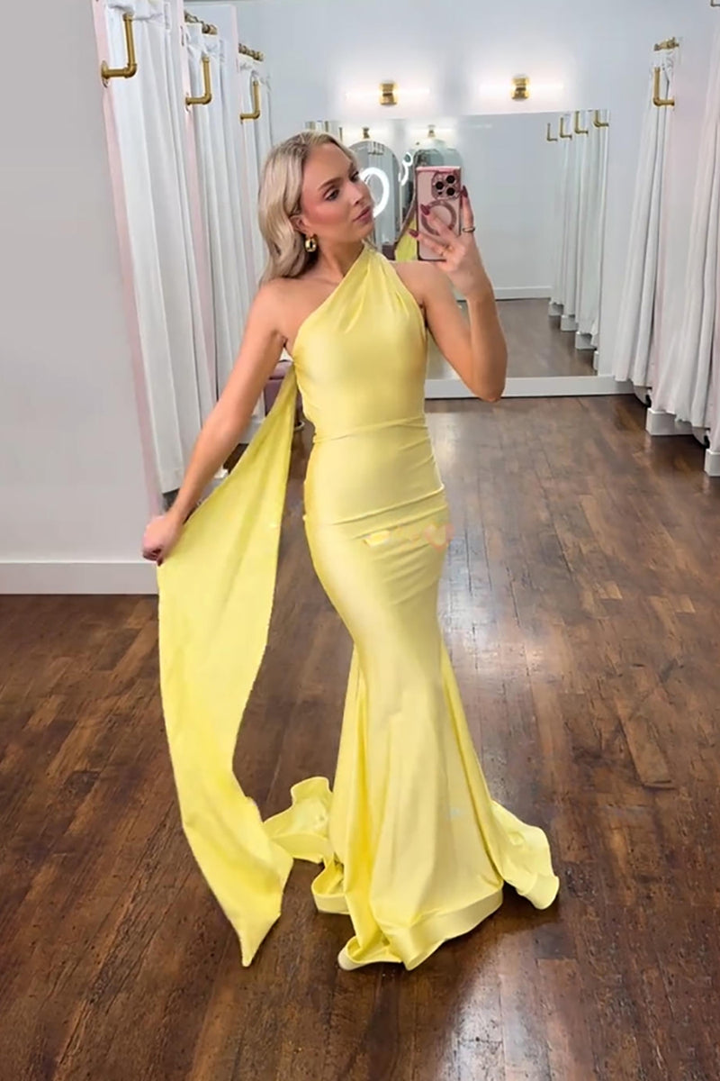 Load image into Gallery viewer, Yellow Mermaid Satin One Shoulder Long Prom Dress with Cape