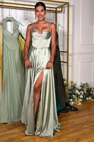 Load image into Gallery viewer, Satin Light Green Corset A Line Halter Maxi Prom Dress with Slit