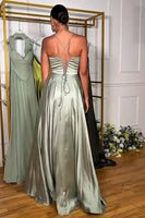 Load image into Gallery viewer, Satin Light Green Corset A Line Halter Maxi Prom Dress with Slit