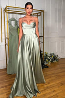 Load image into Gallery viewer, Satin Light Green Corset A Line Halter Maxi Prom Dress with Slit