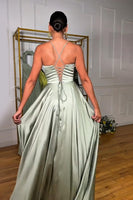 Load image into Gallery viewer, Satin Light Green Corset A Line Halter Maxi Prom Dress with Slit