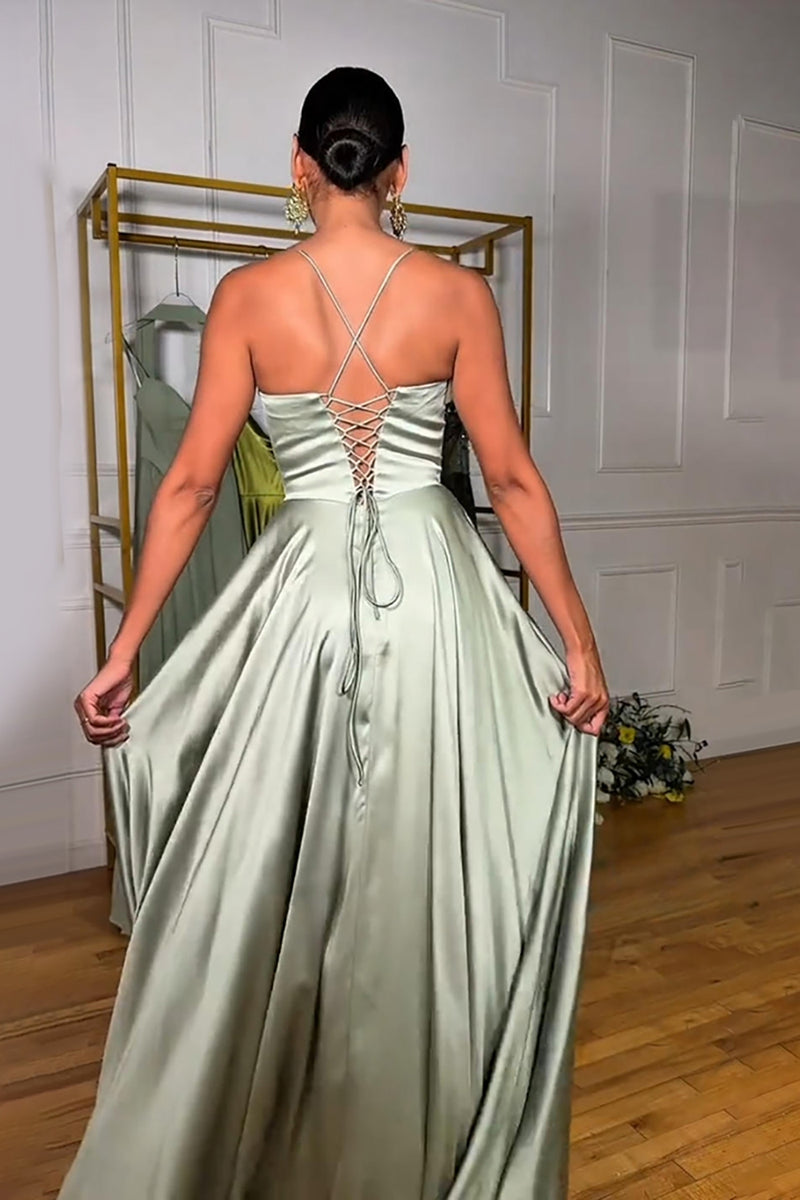 Load image into Gallery viewer, Satin Light Green Corset A Line Halter Maxi Prom Dress with Slit