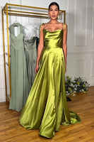 Load image into Gallery viewer, Simple Green A Line Spaghetti Straps Satin Long Prom Dress