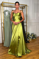 Load image into Gallery viewer, Simple Green A Line Spaghetti Straps Satin Long Prom Dress