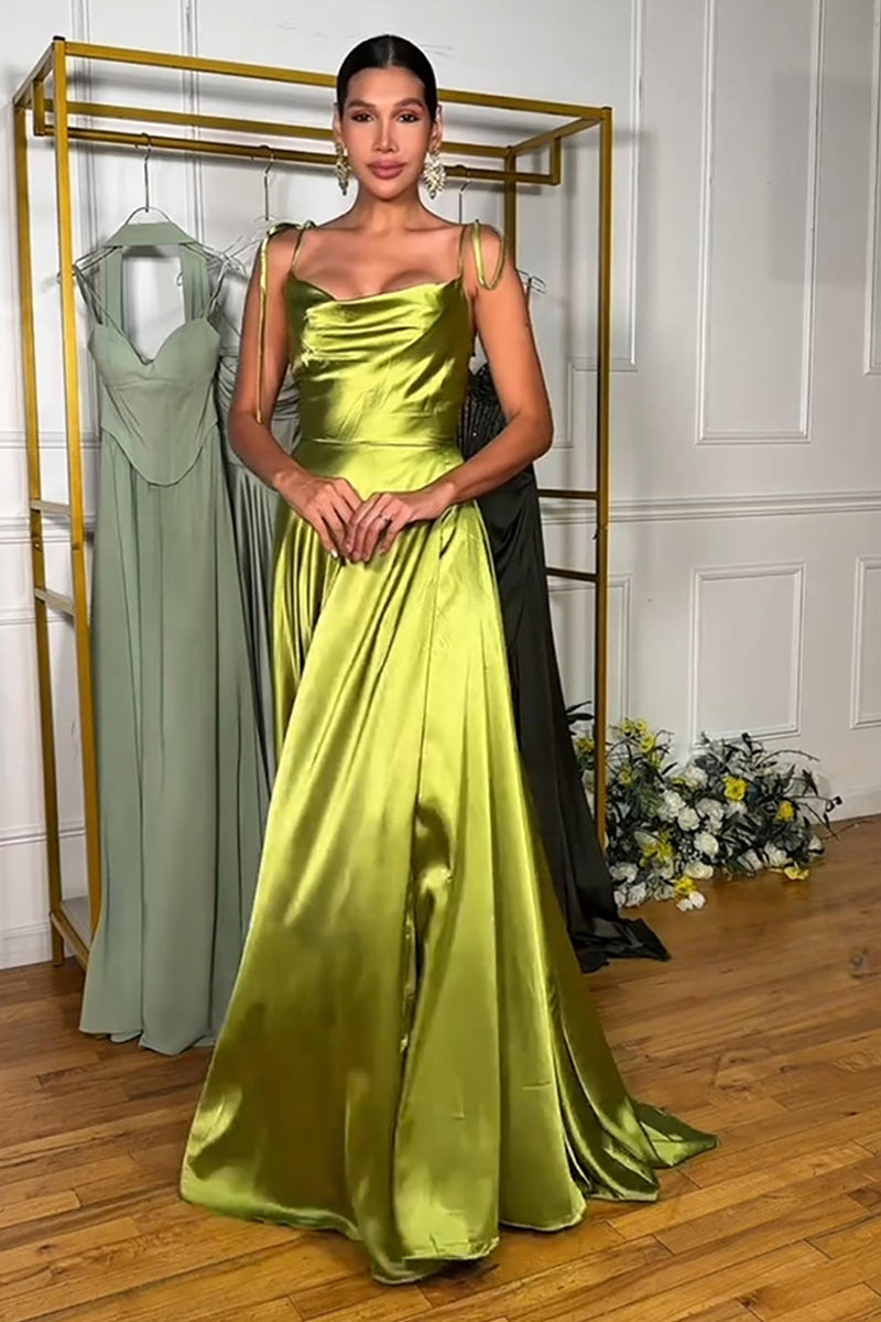 Load image into Gallery viewer, Simple Green A Line Spaghetti Straps Satin Long Prom Dress