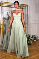 Load image into Gallery viewer, Chiffon Light Green A Line Long Neck Scarf Prom Dress