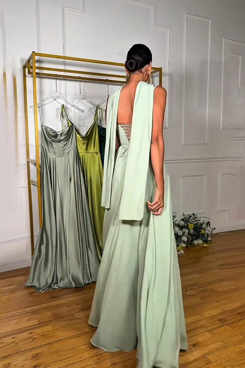 Load image into Gallery viewer, Chiffon Light Green A Line Long Neck Scarf Prom Dress
