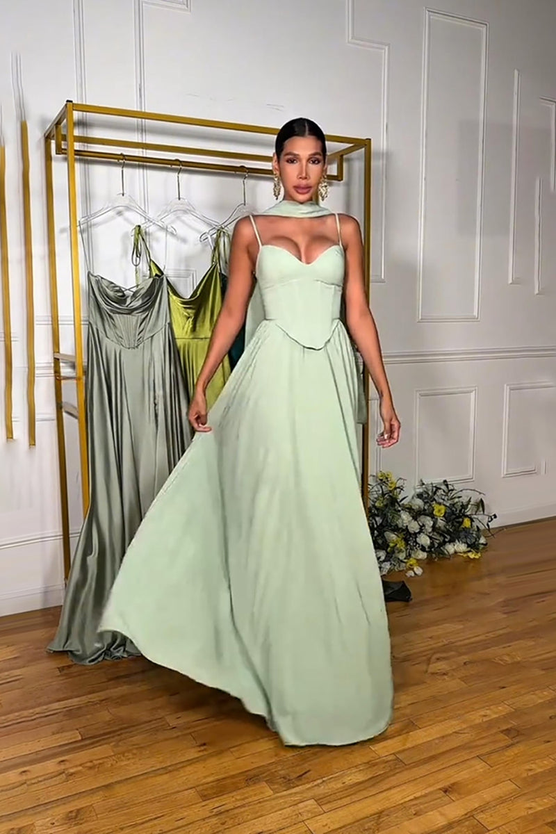 Load image into Gallery viewer, Chiffon Light Green A Line Long Neck Scarf Prom Dress