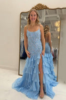 Load image into Gallery viewer, Sparkly Blue Mermaid Ruffled Chiffon Long Prom Dress with Slit