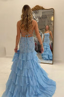 Load image into Gallery viewer, Sparkly Blue Mermaid Ruffled Chiffon Long Prom Dress with Slit