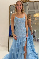 Load image into Gallery viewer, Sparkly Blue Mermaid Ruffled Chiffon Long Prom Dress with Slit