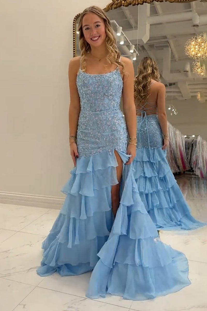 Load image into Gallery viewer, Sparkly Blue Mermaid Ruffled Chiffon Long Prom Dress with Slit