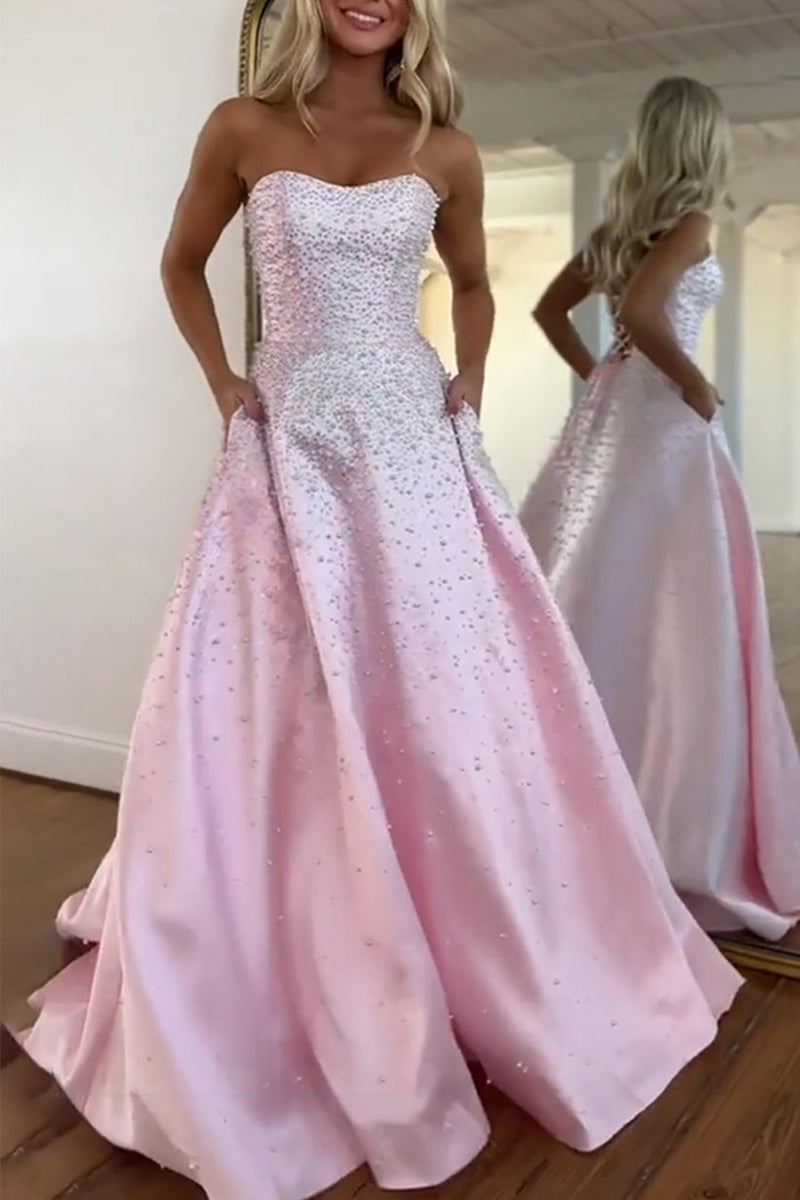 Load image into Gallery viewer, Sparkly Beaded Pink Satin A Line Long Corset Prom Dress