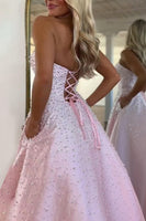 Load image into Gallery viewer, Sparkly Beaded Pink Satin A Line Long Corset Prom Dress