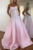 Load image into Gallery viewer, Sparkly Beaded Pink Satin A Line Long Corset Prom Dress