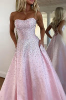 Load image into Gallery viewer, Sparkly Beaded Pink Satin A Line Long Corset Prom Dress
