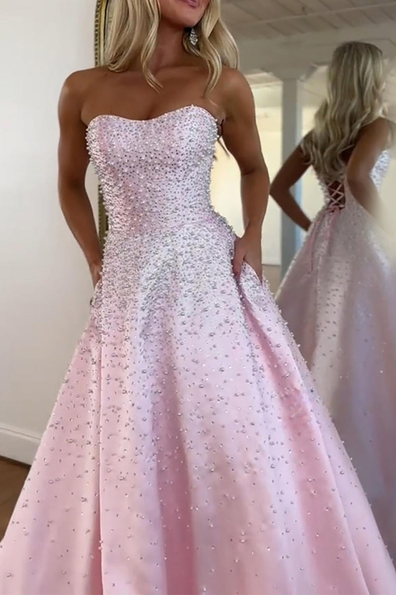 Load image into Gallery viewer, Sparkly Beaded Pink Satin A Line Long Corset Prom Dress