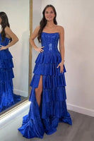 Load image into Gallery viewer, Sparkly Royal Blue Ruffled Strapless Long Satin Prom Dress with Slit