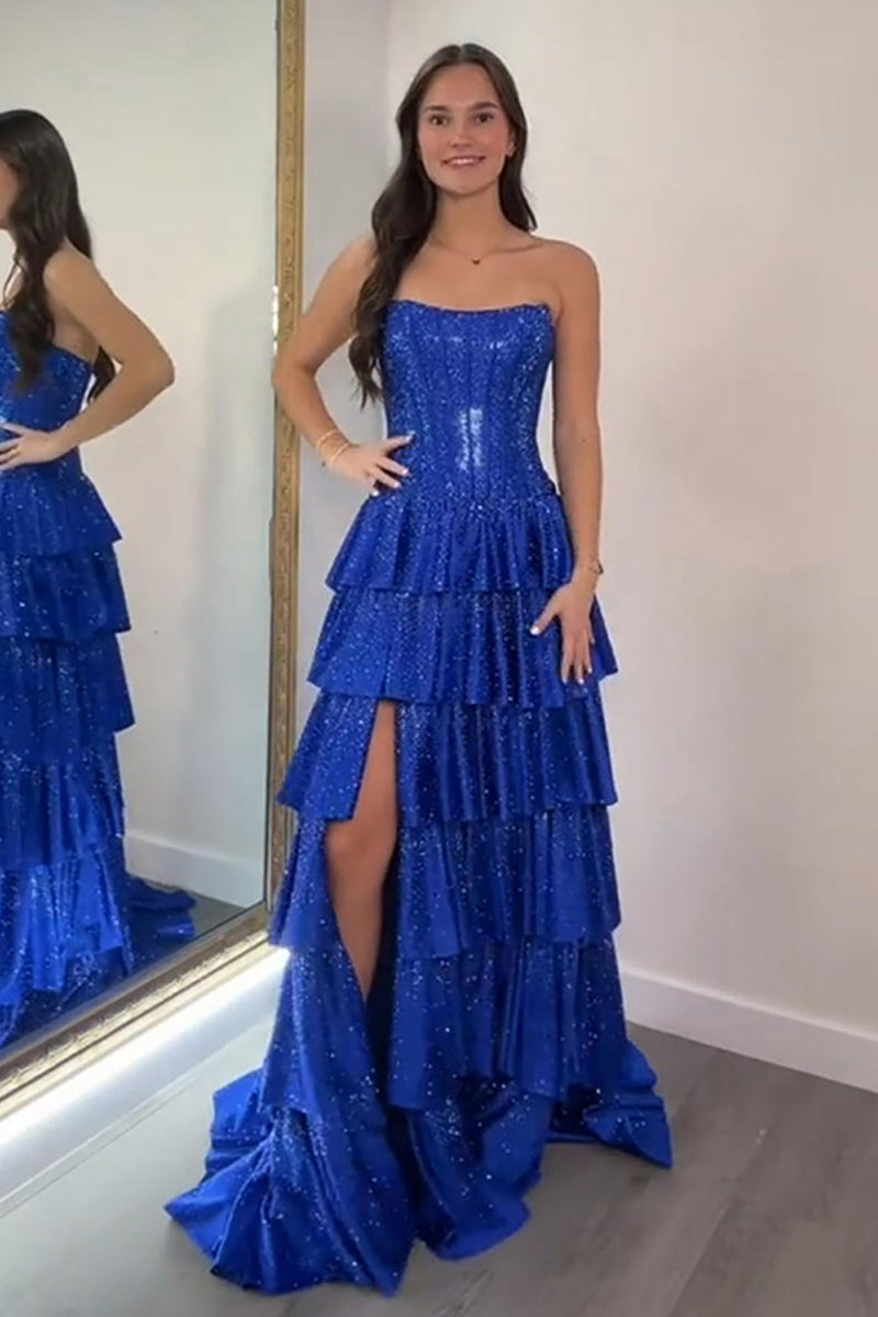 Load image into Gallery viewer, Sparkly Royal Blue Ruffled Strapless Long Satin Prom Dress with Slit