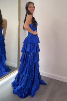 Load image into Gallery viewer, Sparkly Royal Blue Ruffled Strapless Long Satin Prom Dress with Slit