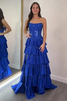 Load image into Gallery viewer, Sparkly Royal Blue Ruffled Strapless Long Satin Prom Dress with Slit