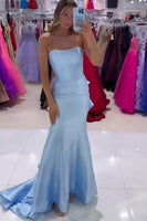 Load image into Gallery viewer, Blue Mermaid Satin Long Strapless Prom Dress with Ruffled Cape