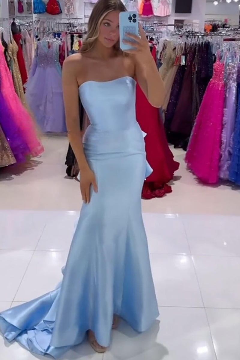 Load image into Gallery viewer, Blue Mermaid Satin Long Strapless Prom Dress with Ruffled Cape