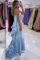 Load image into Gallery viewer, Blue Mermaid Satin Long Strapless Prom Dress with Ruffled Cape