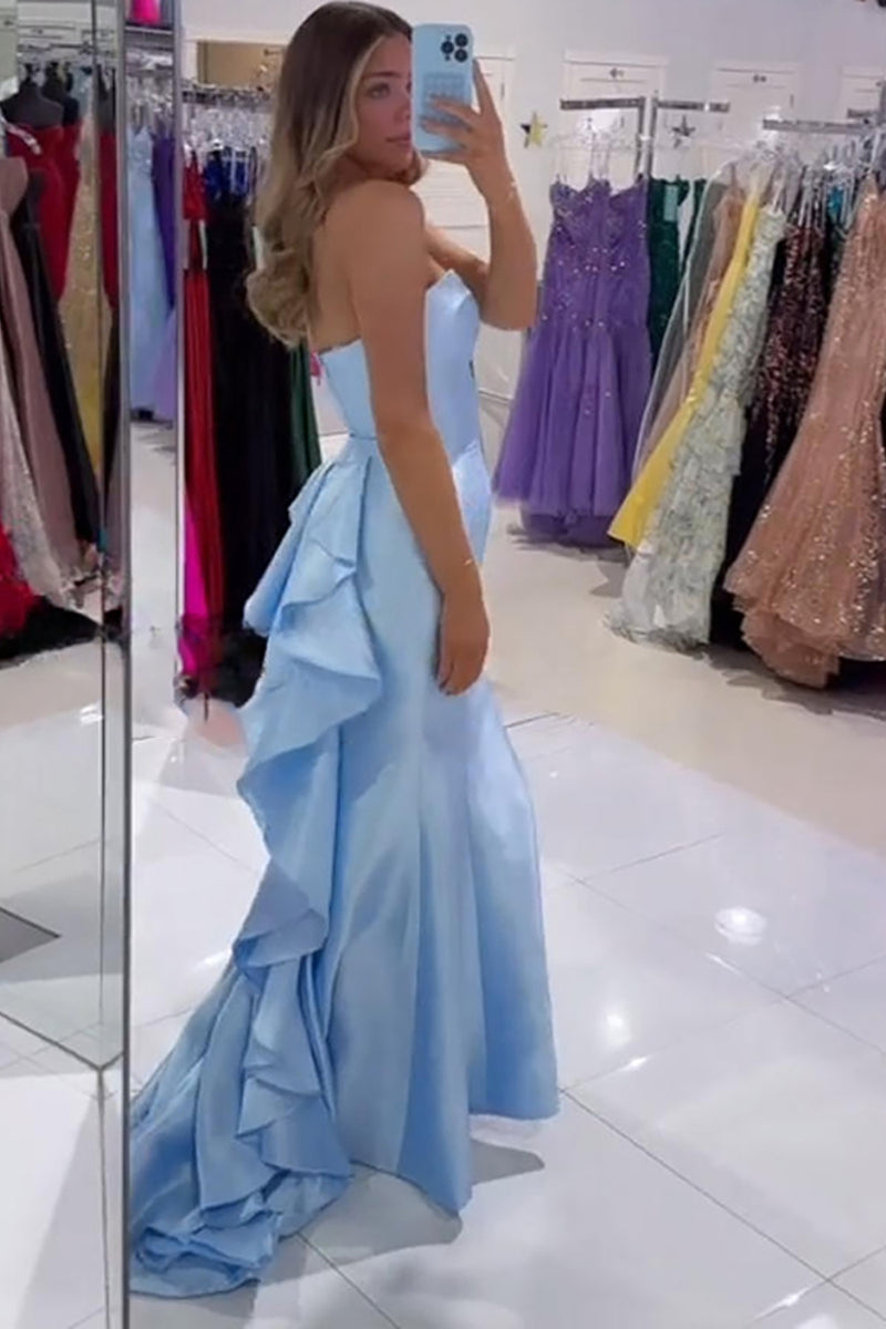 Load image into Gallery viewer, Blue Mermaid Satin Long Strapless Prom Dress with Ruffled Cape