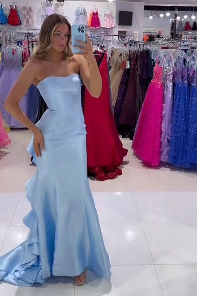 Load image into Gallery viewer, Blue Mermaid Satin Long Strapless Prom Dress with Ruffled Cape
