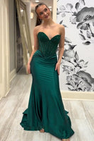 Load image into Gallery viewer, Sparkly Dark Green Mermaid Corset Long Satin Prom Dress with Beading