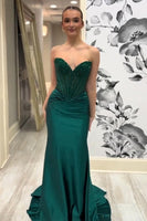 Load image into Gallery viewer, Sparkly Dark Green Mermaid Corset Long Satin Prom Dress with Beading