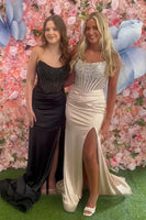 Load image into Gallery viewer, Sparkly Black Corset Mermaid Satin Strapless Long Prom Dress with Slit