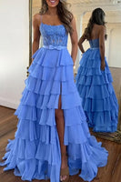Load image into Gallery viewer, Ruffled Blue A Line Corset Long Appliqued Prom Dress with Bow