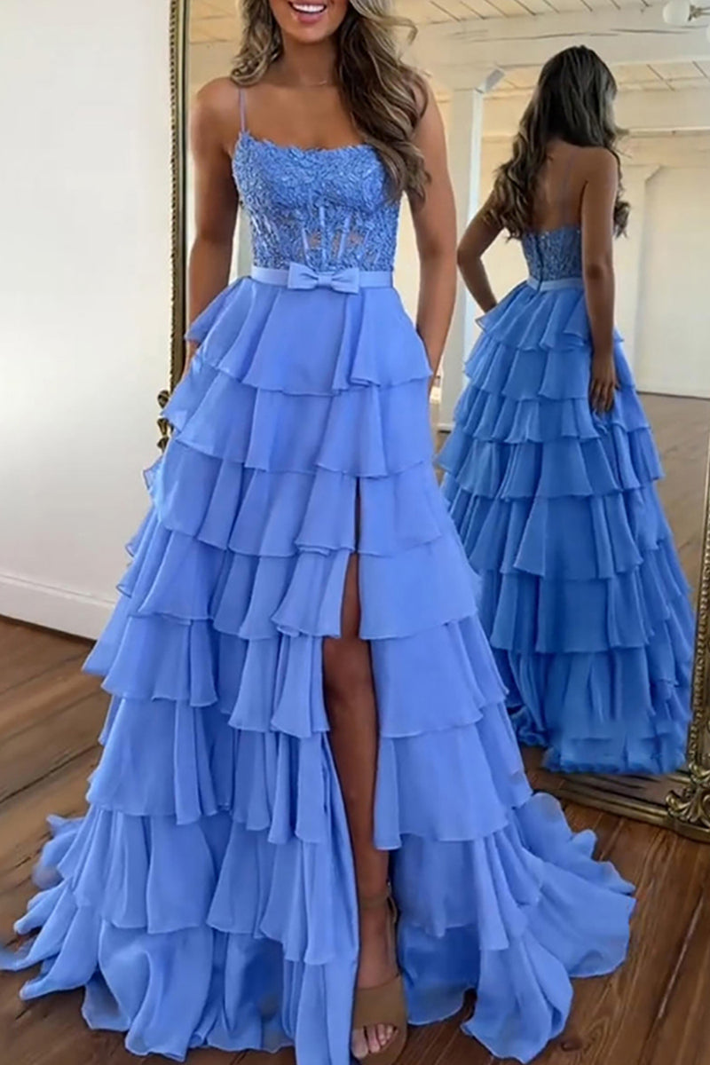 Load image into Gallery viewer, Ruffled Blue A Line Corset Long Appliqued Prom Dress with Bow