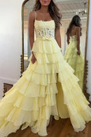 Load image into Gallery viewer, Ruffled Blue A Line Corset Long Appliqued Prom Dress with Bow