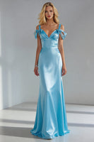 Load image into Gallery viewer, Sky Blue Cold Shoulder Long Sheath Formal Dress with Bow