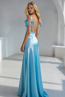 Load image into Gallery viewer, Sky Blue Cold Shoulder Long Sheath Formal Dress with Bow