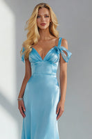 Load image into Gallery viewer, Sky Blue Cold Shoulder Long Sheath Formal Dress with Bow