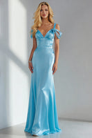 Load image into Gallery viewer, Sky Blue Cold Shoulder Long Sheath Formal Dress with Bow