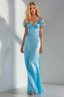 Load image into Gallery viewer, Sky Blue Cold Shoulder Long Sheath Formal Dress with Bow