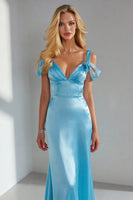 Load image into Gallery viewer, Sky Blue Cold Shoulder Long Sheath Formal Dress with Bow