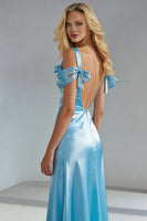 Load image into Gallery viewer, Sky Blue Cold Shoulder Long Sheath Formal Dress with Bow