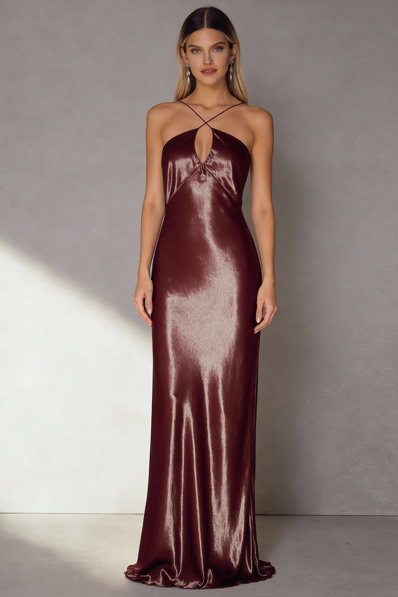 Load image into Gallery viewer, Coffee Sheath Long Satin Formal Dress with Keyhole