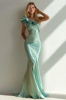 Load image into Gallery viewer, Light Green Mermaid Ruffled One Shoulder Long Formal Dress