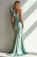 Load image into Gallery viewer, Light Green Mermaid Ruffled One Shoulder Long Formal Dress